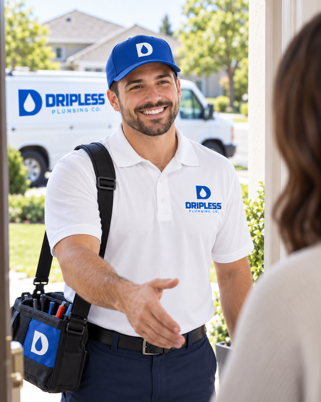 Dripless plumber greeting a customer